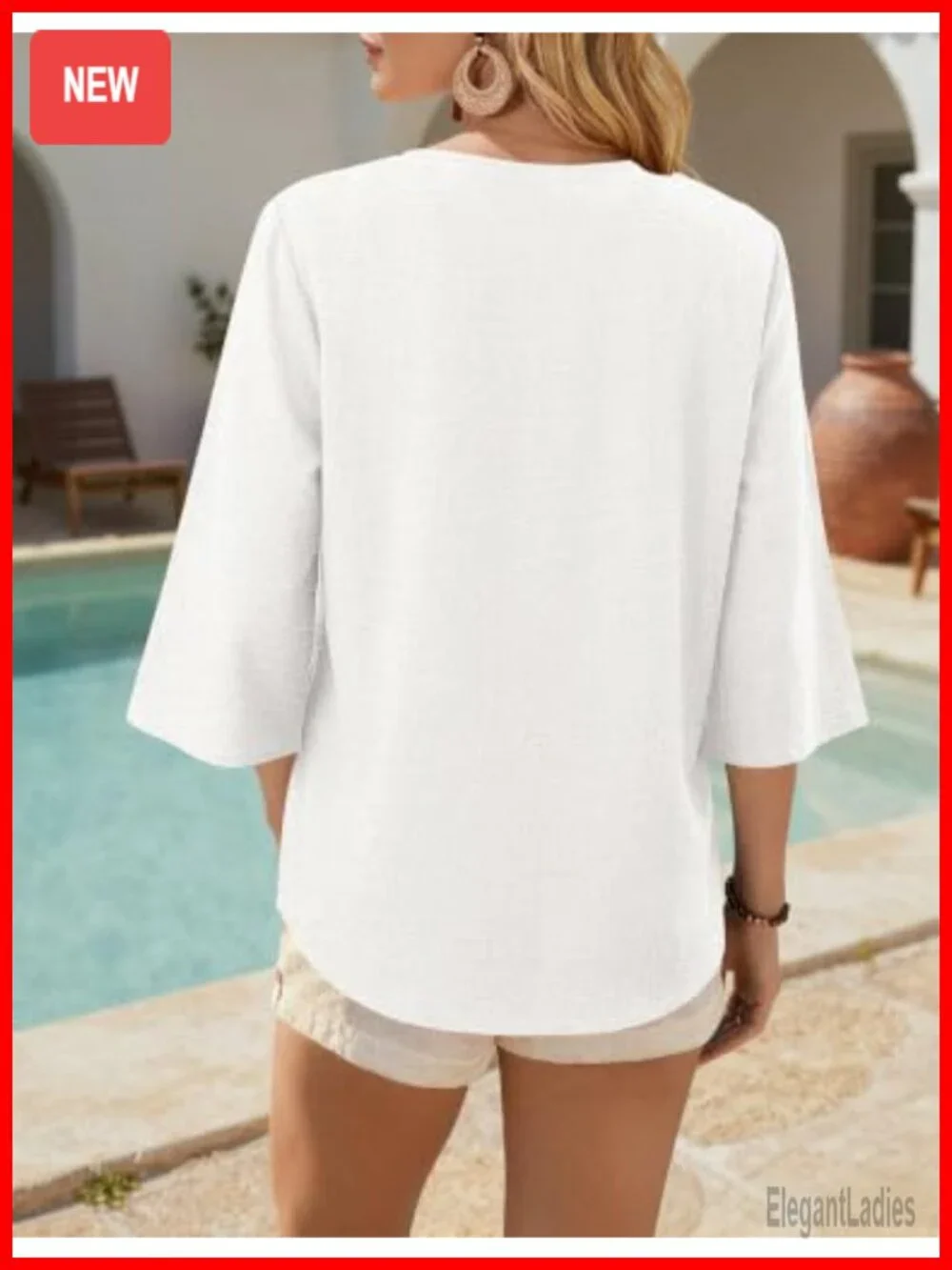 Linen Blend Boho Blouse 3/4 Sleeve V-Neck Casual Summer Top
